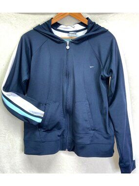 Nike Full Zip Hoodie Jacket Navy Blue White Stripe Polyester Pockets Men Sz L #f